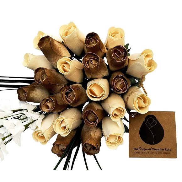 2 Dozen 50 Year Anniversary Golden and White Bouquet The Original Wooden Rose - Picture 1 of 7